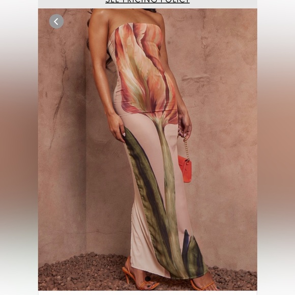 PrettyLittleThing viral dress - tulip flower maxi dress, strapless column dress - Picture 2 of 9